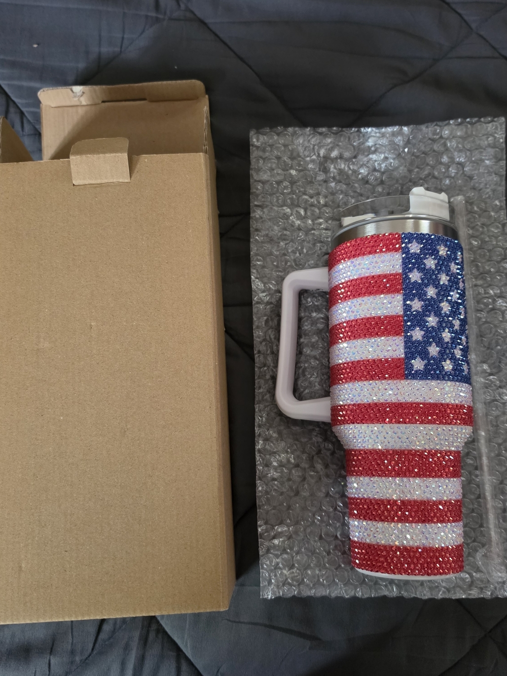 Patriotic Rhinestone Tumbler with Handle - Red, White & Blue